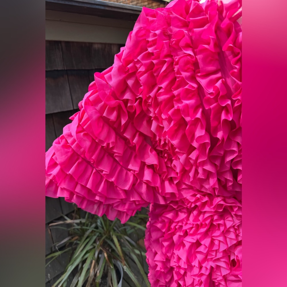 ZARA fuchsia pink ruffled knit coat jacket voluminous with tie Sz M. - Picture 4 of 10